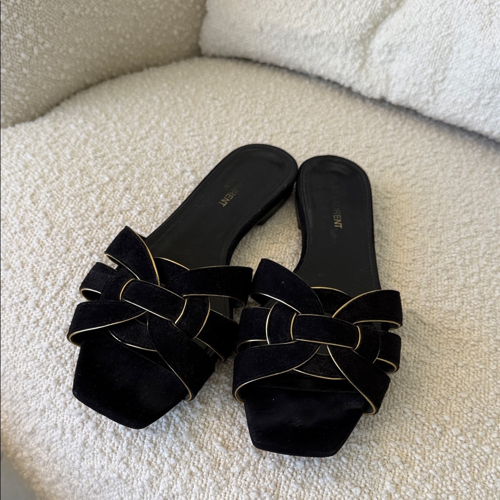 Saint Laurent Triumph Black Suede Slide Sandals with Gold Piping 38.5 - Picture 3 of 8